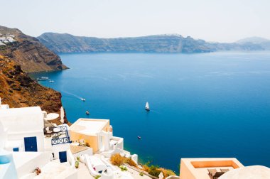 Santorini Adası, Yunanistan. Güzel yaz manzarası, deniz manzarası.