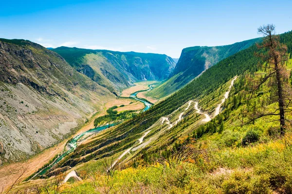 Chulyshman 川渓谷と Katu Yaryk の夏の風景を渡すと アルタイ山脈 アルタイ共和国 シベリア ロシア — ストック写真