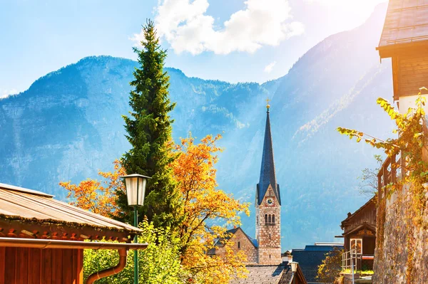 Famous Hallstatt Village Alps Mountains Austria Beautiful Autumn Landscape — Stock Photo, Image