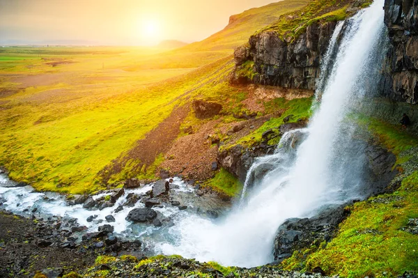 Bela Cachoeira Leste Islândia Pôr Sol Paisagem Verão — Fotografia de Stock