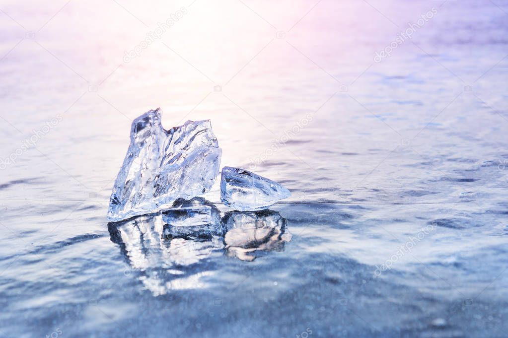 Ice on the frozen lake. Macro image, shallow depth of field, Beautiful winter nature 