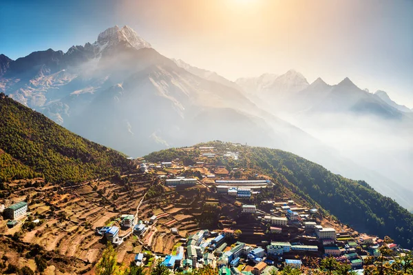 Vista Aldea Namche Bazaar Camino Campamento Base Del Everest Himalaya — Foto de Stock