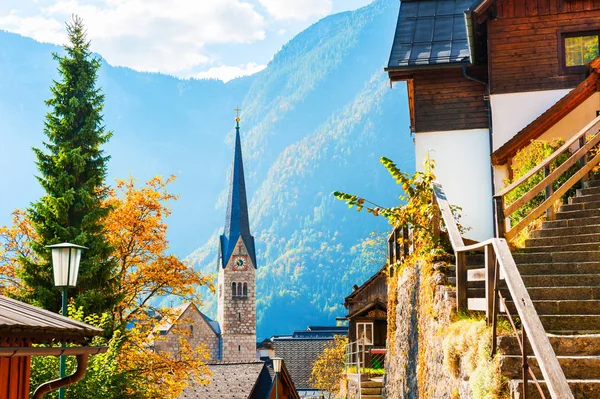 Famous Hallstatt Village Alps Mountains Austria Beautiful Autumn Landscape — Stock Photo, Image