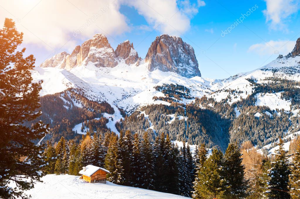 Ski resort in winter Dolomite Alps. Val Di Fassa, Italy.