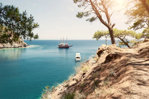 Bela Costa Marítima Paradise Bay Perto Kemer Turquia Filtro Vintage — Fotografia de Stock