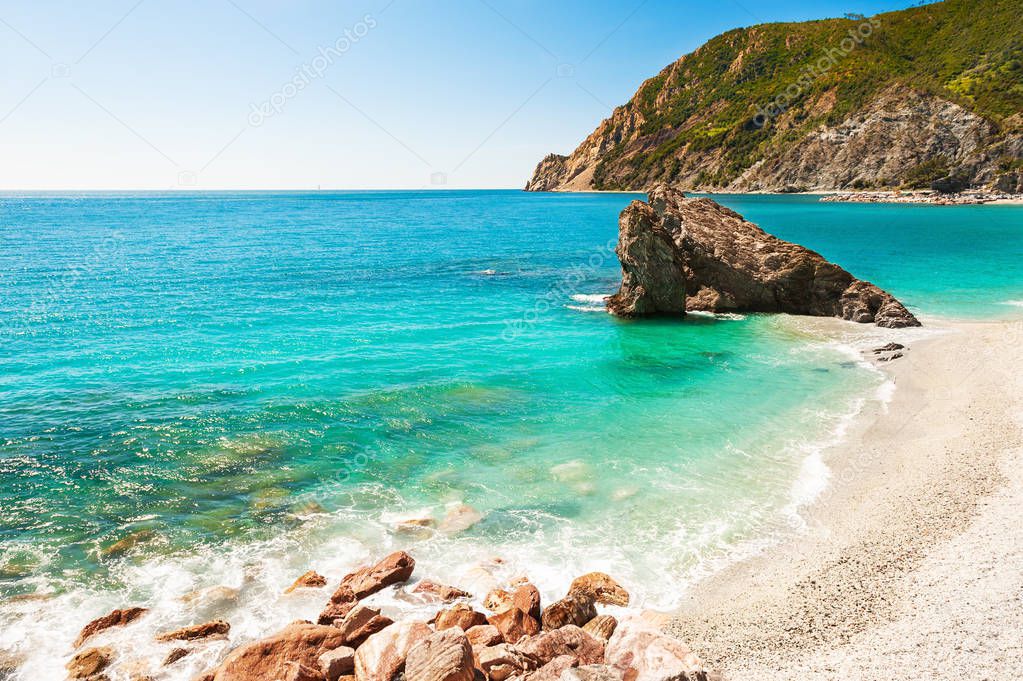 Beautiful beach in Monterosso, Cinque Terre, Italy. Summer landscape, sea view