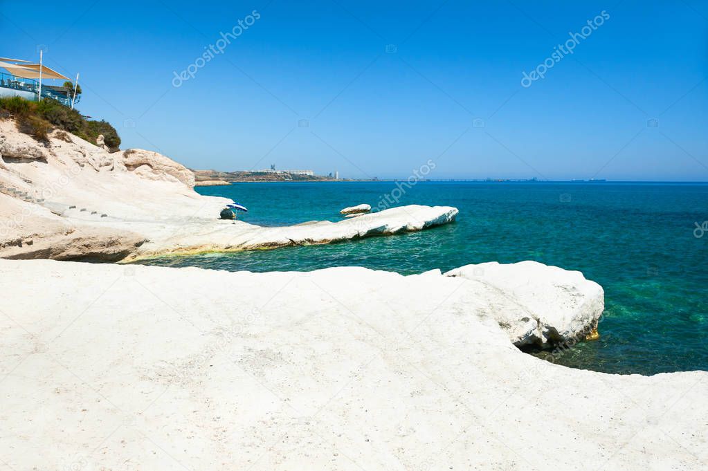Beautiful beach with turquoise sea and white stones 