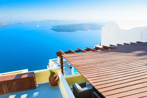 Arquitectura Blanca Isla Santorini Grecia Terraza Con Vistas Mar —  Fotos de Stock