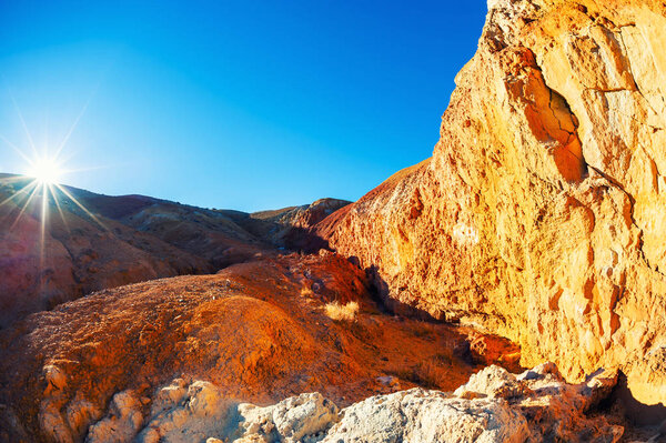 Red mountains in Kyzyl-Chin valley, also called as Mars valley. Altai, Siberia, Russia