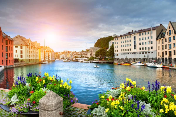 Bella passeggiata con fiori sul canale di Alesund, Norvegia — Foto Stock