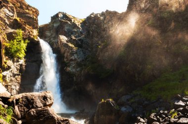 Altay dağlarında Kurkure şelalesi, Sibirya, Rusya. 