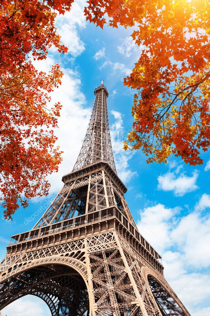 Eiffel Tower and autumn trees in Paris, France.