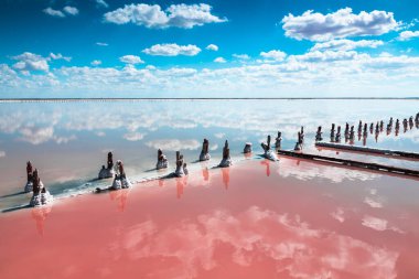 Pembe tuz gölü ve gökyüzü, beyaz bulutlar su yüzüne yansıyor. Kırım 'daki Sasyk-Sivash tuz gölünde tuz endüstrisi. Yaz manzarası