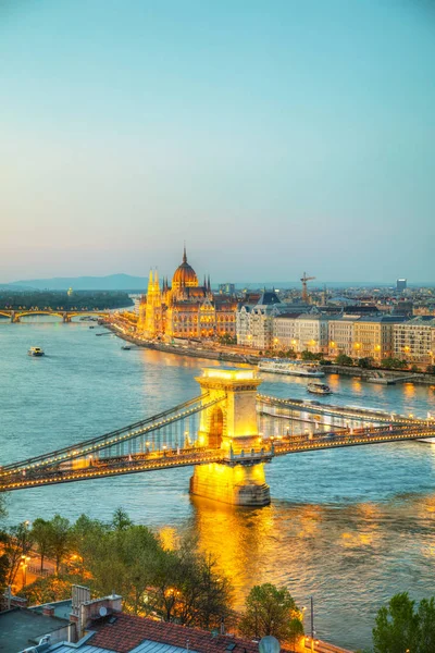 Overview Budapest Szechenyi Chain Bridge Sunset — Stock Photo, Image