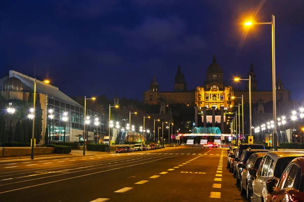 Montjuïc Barcelona Spanien Natten — Stockfoto