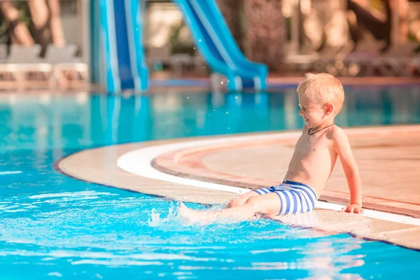 Cute Little Boy Sitting Pool Edge — Stock Photo, Image