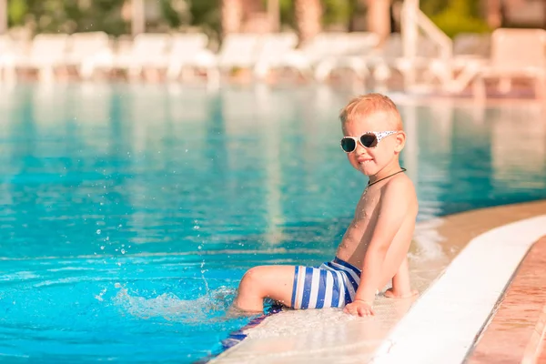 Cute Little Boy Sunglasses Sitting Pool Edge — Stock Photo, Image