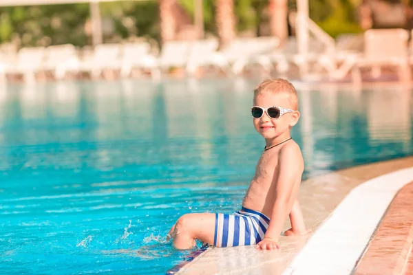 Cute Little Boy Sunglasses Sitting Pool Edge — Stock Photo, Image