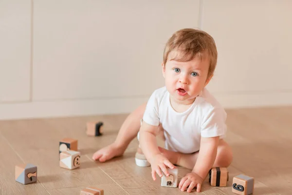 木と遊ぶかわいい赤ちゃん男の子の部屋でブロックします — ストック写真