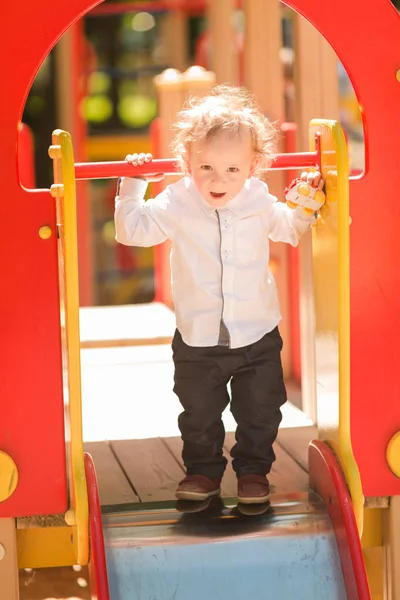 Cute Baby Boy Playing Slide Playground — Stock Photo, Image