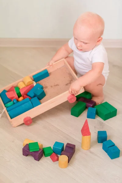Χαριτωμένο Μικρό Μωρό Παίζει Χρωματιστά Ξύλινα Μπλοκ Στο Δωμάτιο Πρόωρη — Φωτογραφία Αρχείου