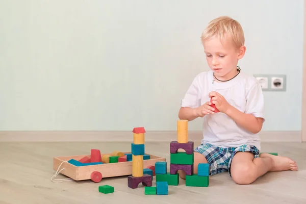 Cute Little Boy Playing Colored Wooden Blocks Room Early Development — Stock Photo, Image