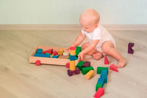 Odasında Renkli Tahta Bloklarla Oynama Şirin Bebek Erken Geliştirme Kavramı — Stok fotoğraf