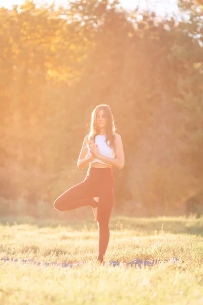 Krásná mladá žena cvičí jógu v parku — Stock fotografie