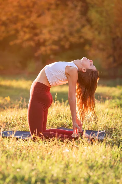 Güzel genç bayan parkta yoga yapıyor. — Stok fotoğraf