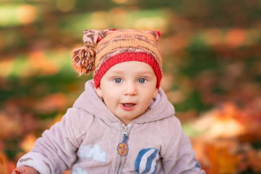 Sevimli küçük bebek sonbahar yaprakları oynarken