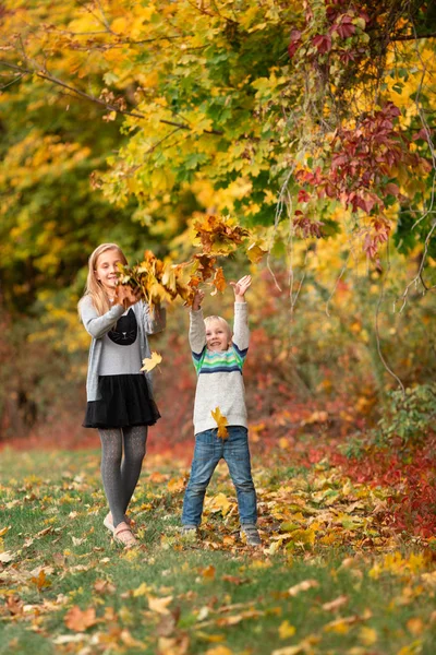 Щасливі маленькі діти з осіннім листям у парку — стокове фото