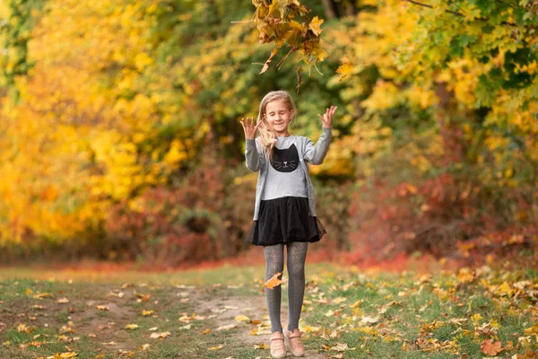 Beautiful little girl with autumn leaves in the park — Stock Photo, Image