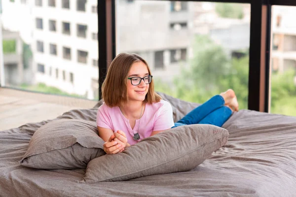 Cute Teenage Girl Bed Her Room Relaxing — Stock Photo, Image