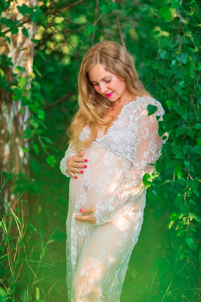 Beautiful Young Pregnant Woman Relaxing Nature Beautiful Sunny Day Field — Stock Photo, Image