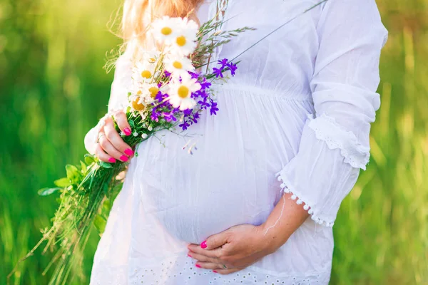Mooie Jonge Zwangere Vrouw Ontspannen Natuur Een Mooie Zonnige Dag — Stockfoto