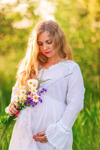 美しい若い妊娠中の女性は バックグラウンドでフィールドと美しい晴れた日に自然の中でリラックス — ストック写真
