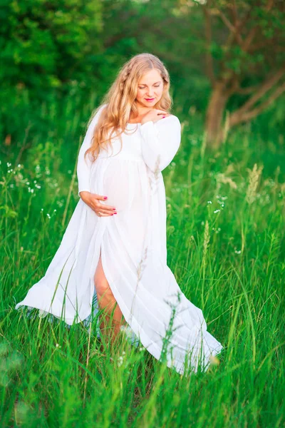 Όμορφη Νεαρή Έγκυος Γυναίκα Χαλαρώνοντας Στη Φύση Μια Όμορφη Ηλιόλουστη — Φωτογραφία Αρχείου