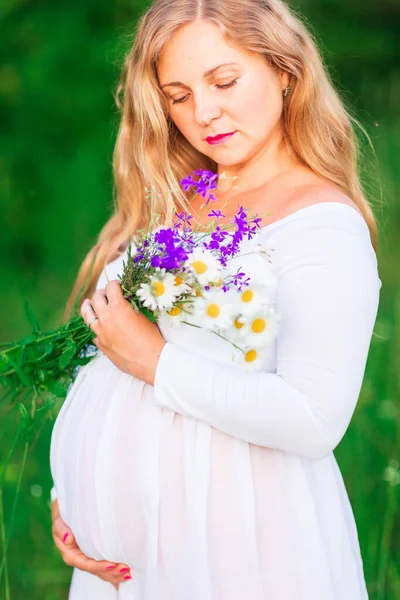 Beautiful Young Pregnant Woman Relaxing Nature Beautiful Sunny Day Field — Stock Photo, Image