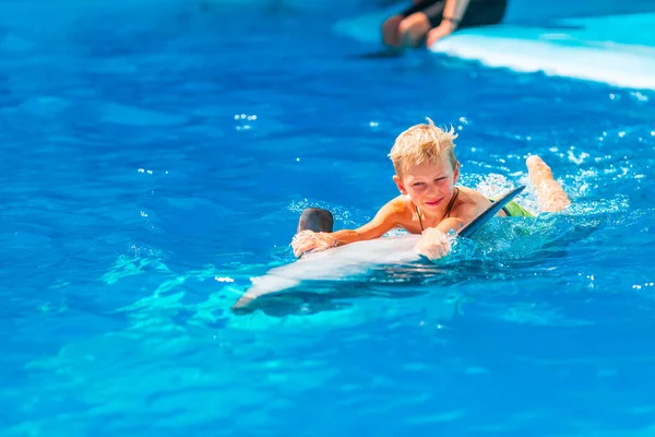 快乐的小男孩和海豚一起在海豚馆游泳 洗澡和与海豚交流 — 图库照片