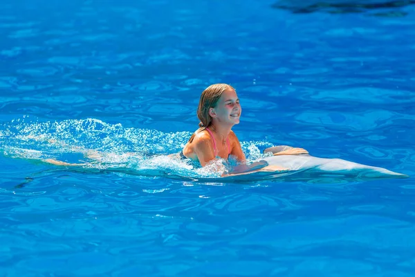 Niña Feliz Nadando Con Delfines Delfinario Natación Baño Comunicación Con —  Fotos de Stock