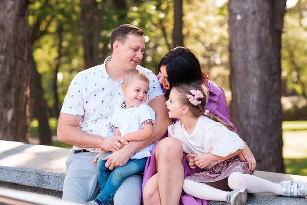 Happy Young Family Two Kids Walking Park Happy Parenting Concept — Stock Photo, Image