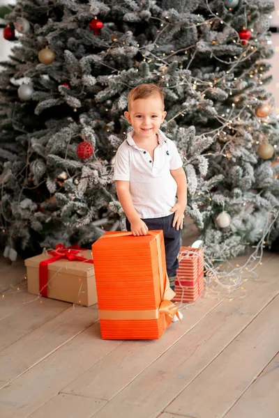 Joyeux Petit Garçon Mignon Avec Des Cadeaux Enfant Tenant Grand — Photo