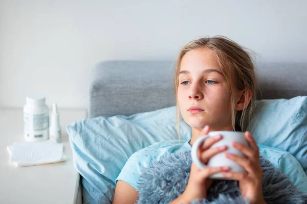 Sick Teenage Little Girl High Fever Headache Staying Bed Holding — Stock Photo, Image