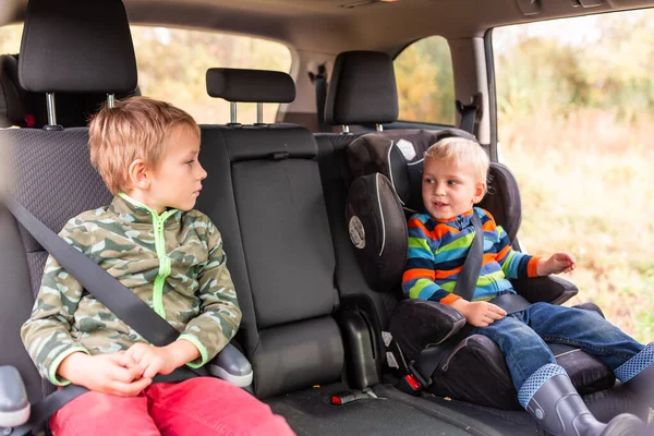 Två Små Pojkar Sitter Bilstol Och Bältesstol Fastspänd Bilen Barnbilssäkerhet — Stockfoto