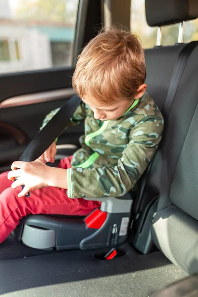 Little Boy Sitting Booster Seat Trying Buckle Car Children Car — Stock Photo, Image