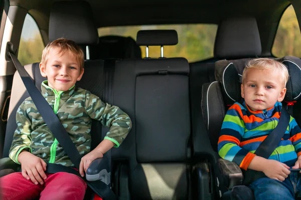 Två Små Pojkar Sitter Bilstol Och Bältesstol Fastspänd Bilen Barnbilssäkerhet — Stockfoto