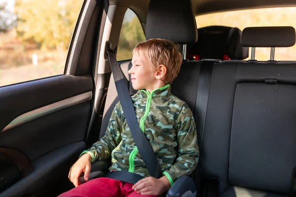 Liten Pojke Som Sitter Bältesstol Fastspänd Bilen Barnbilssäkerhet — Stockfoto