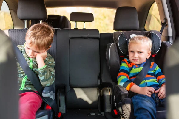 Два Маленьких Мальчика Сидели Автокресле Пристегнутое Машине Сиденье Безопасность Детских — стоковое фото
