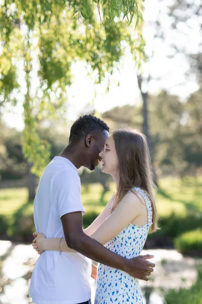Genç bir çift, açık havada yaz gününün tadını çıkarıyor. Siyah bir adam ve beyaz bir kadın, doğal bir bahçe bahçesinde birlikte. Romantizm, sevgi ve çeşitliliği barışçıl, güneşli bir ortamda ifade ediyorlar.
