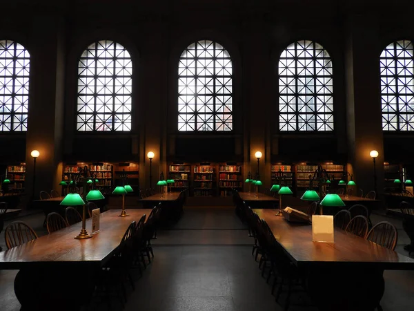 Reading Hall Big Wooden Desks Chairs Line Small Green Lamps — Stock Photo, Image